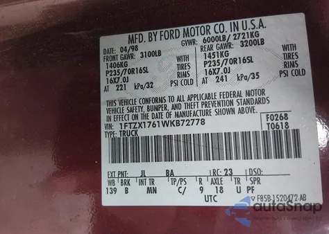 1998 Ford F-150 Lariat/Standard/Xl/Xlt z USA, uszkodzony, nr VIN 1FTZX1761WKB72778